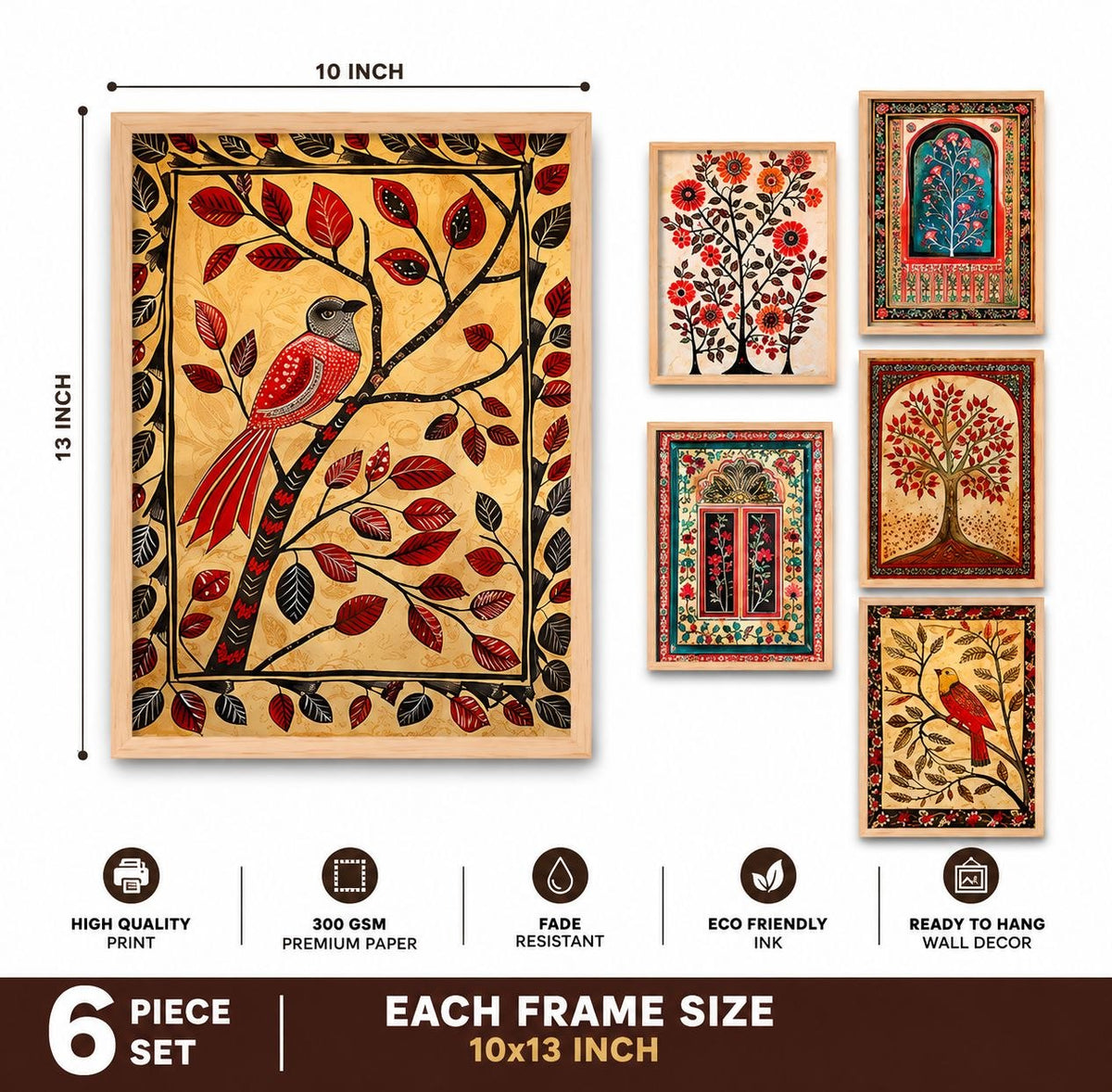 Madhubani Art Framed Wall Painting(Pack of 6)